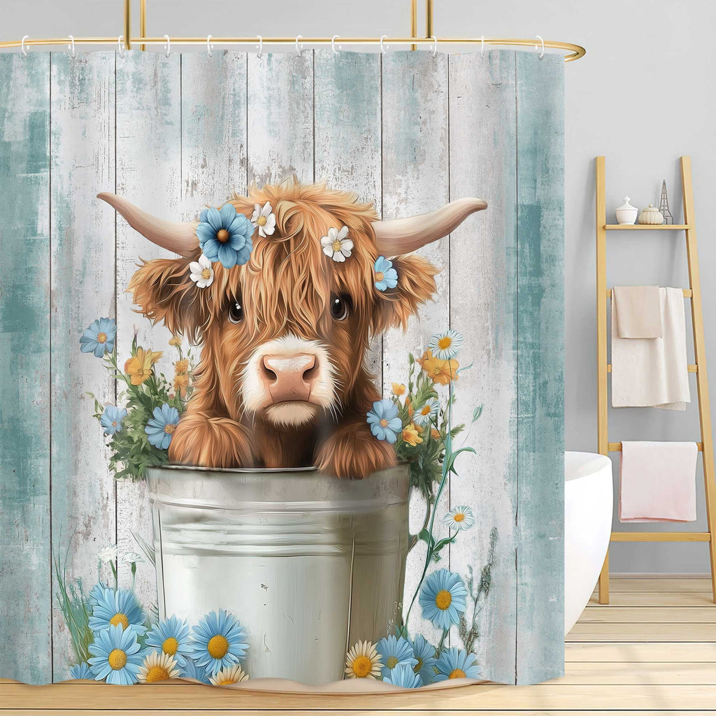 Funny Highland Cow Shower Curtain, Cute Farmhouse Teal Floral Western Wood Animal Shower Curtain Set, Country Rustic Turquoise Bathroom Acce - Image 6