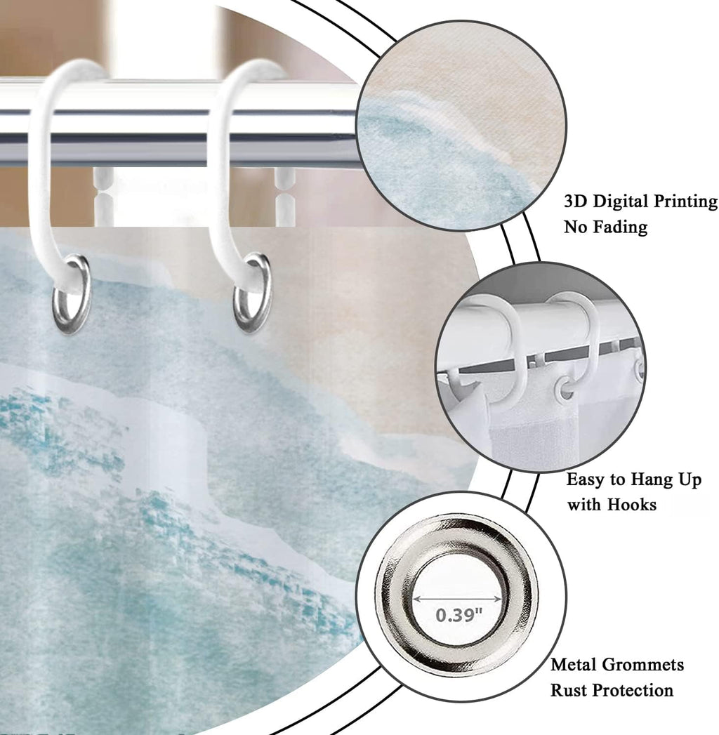 Beach Shower Curtain, Teal Blue Coastal Ocean Beach Theme Bathroom Curtain, Waterproof Fabric Machine Washable with Hooks,72x72 - Image 5