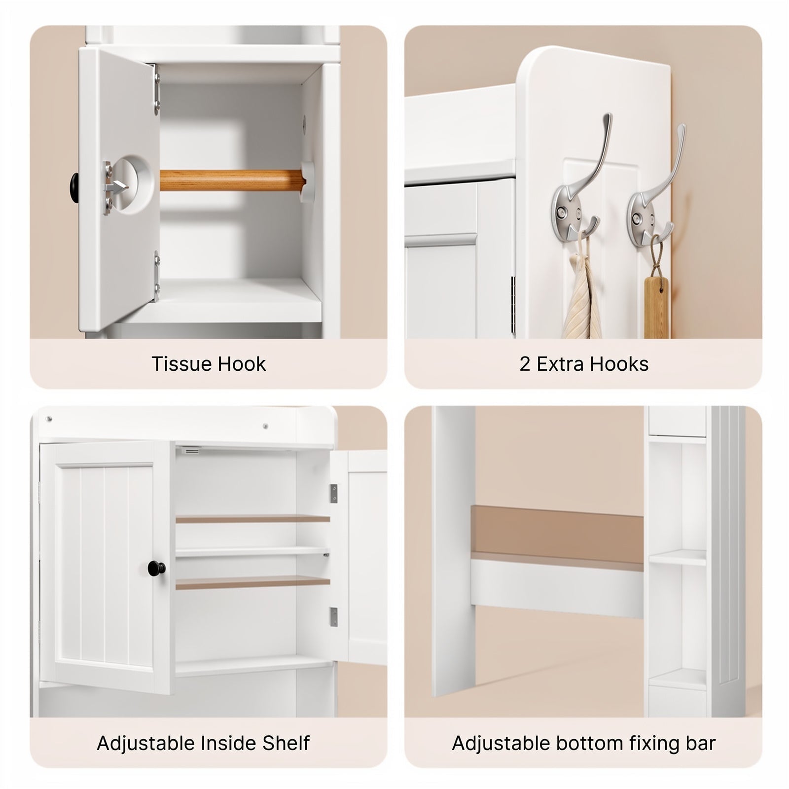 Aiho 70.3" Tall Over the Toilet Storage Cabinet, Bathroom Organizer Above Toilet with Adjustable Shelves & 2 Side Hooks, Space Saver for Bat - Image 3