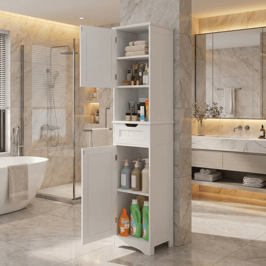 Bathroom Storage Cabinet, White Linen Cabinet, Narrow Tall Cabinet Storage Tower with Door ,Drawer and Open Storage -... - Image 2