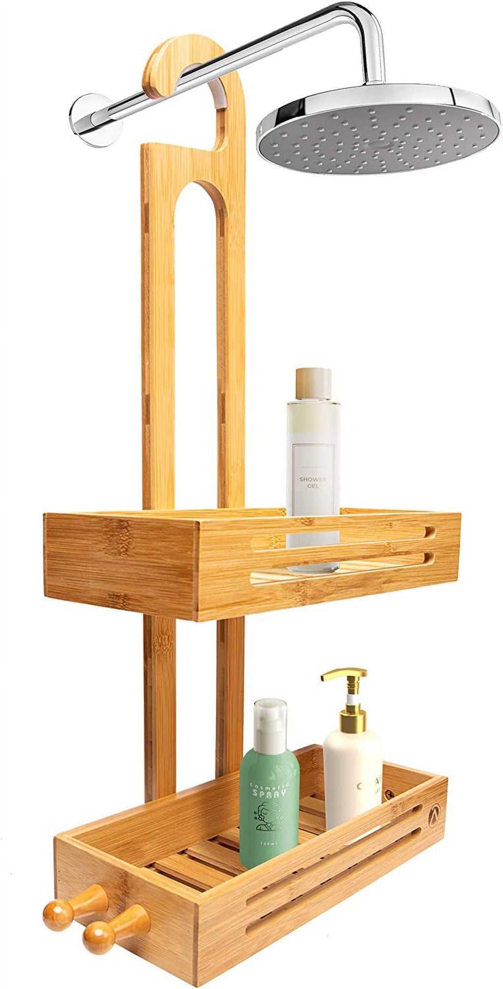 Bamboo Hanging Shower Caddy - Adult 2-Shelf 2-Compartment Bamboo Over-the-Shower Head Shower Caddy, 1 Count - Image 2