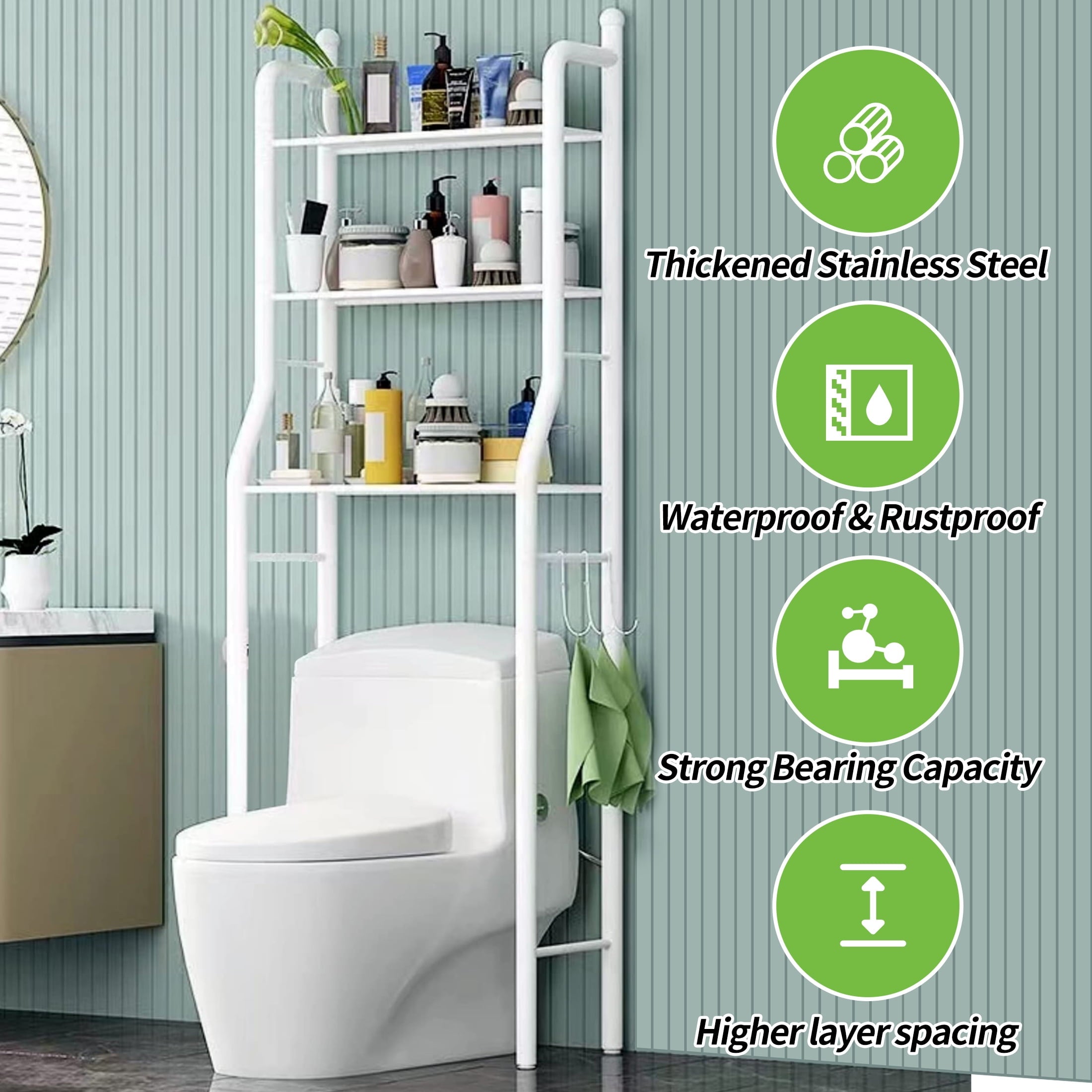 the Toilet Storage, 3-Tier Bathroom Organizer with Paper Holder & 3 Hooks, Sturdy & Stable Freestanding Space Saver T... - Image 6