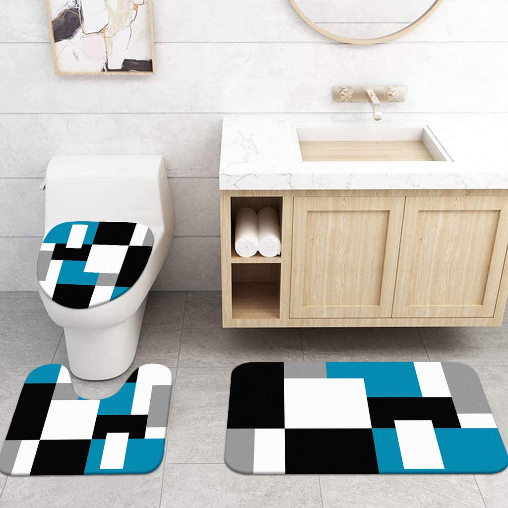 Blue Geometric Shower Curtain Sets with Rugs, 16 Pc Modern Abstract Checkered Bathroom Sets, Waterproof Fabric Bathro... - Image 4