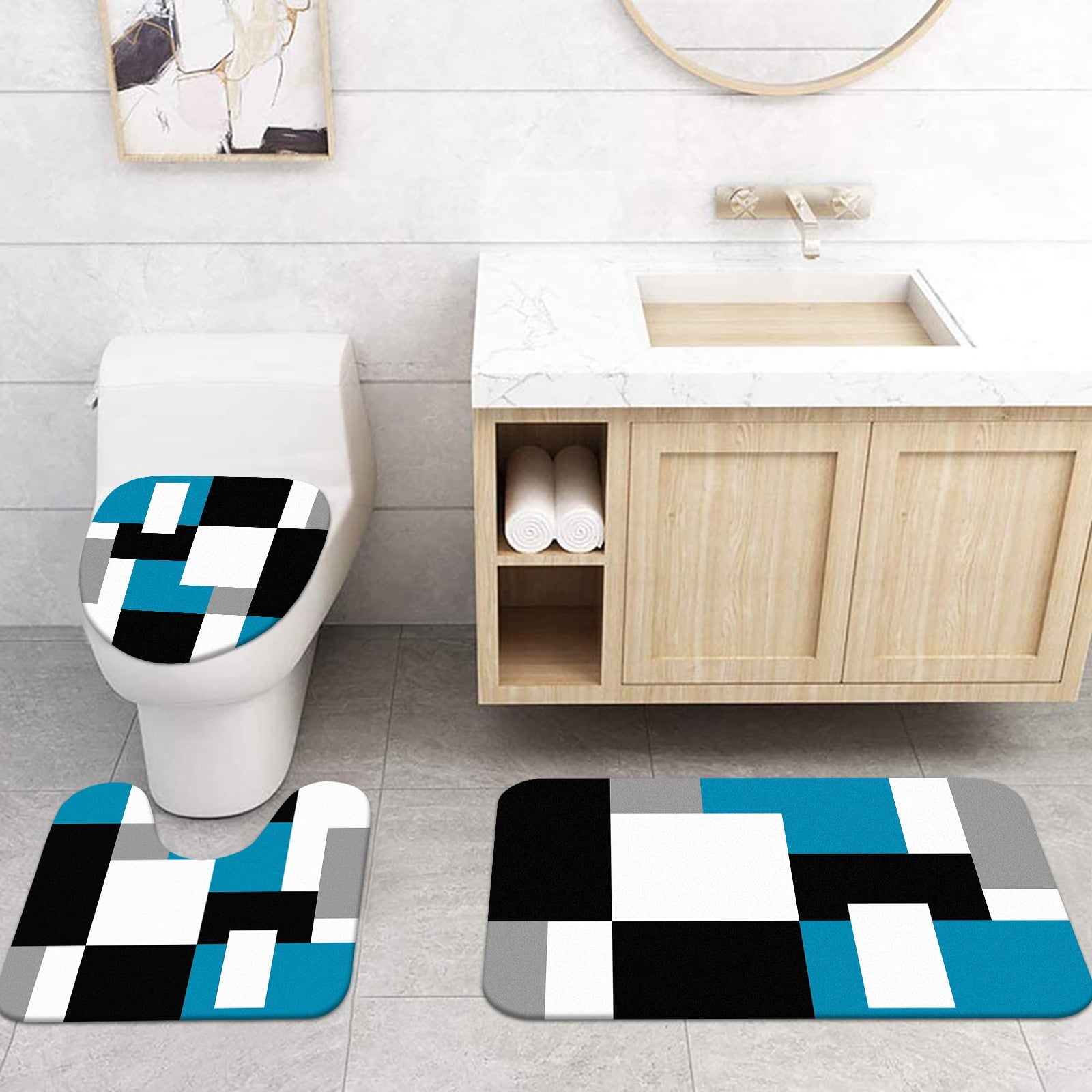 Blue Geometric Shower Curtain Sets with Rugs, 16 Pc Modern Abstract Checkered Bathroom Sets, Waterproof Fabric Bathro... - Image 4