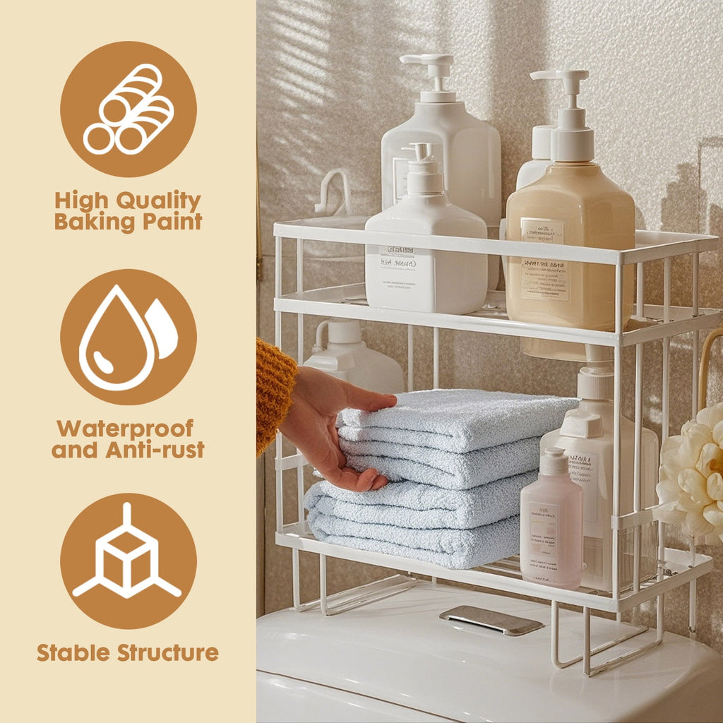 YOYTOO Over the Toilet Storage Shelf, 2 Tier Freestanding Bathroom Caddy Organizer Behind Toilet Stand Shelves Towel Rack, White - Image 5