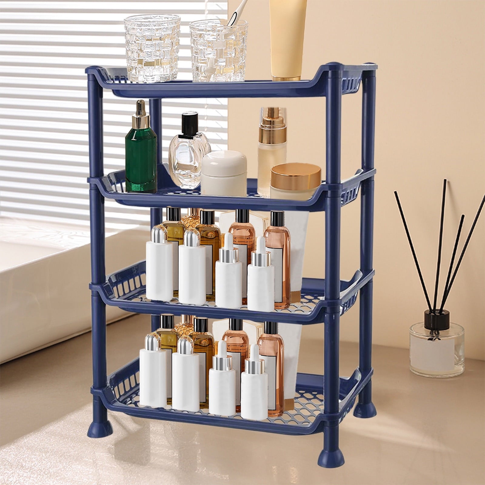4-Tier Bathroom Storage Rack Stackable Shelf Organizer for Shower Toiletries Kitchen Counter Desktop Space-Saving Easy Assembly - Image 4