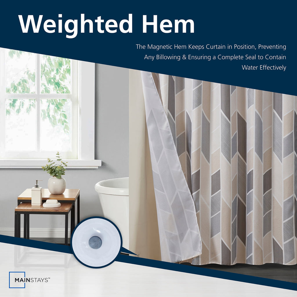 14 Piece Fabric Shower Curtain Set, Liner & Hooks, Natural Geometric 72" x 72" - Image 6