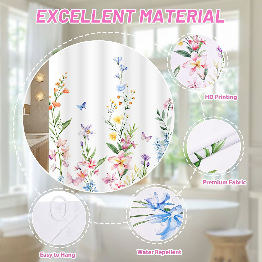 FRAMICS 16-Piece Floral Shower Curtain Sets with Rugs, Watercolor Wildflower Bathroom Sets with Hooks, Waterproof Fabric Bathroom Curtain, M - Image 6