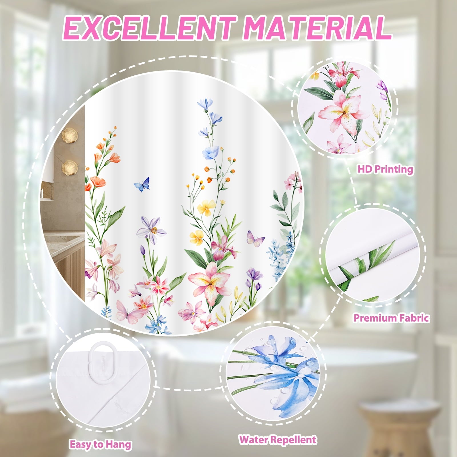 FRAMICS 16-Piece Floral Shower Curtain Sets with Rugs, Watercolor Wildflower Bathroom Sets with Hooks, Waterproof Fabric Bathroom Curtain, M - Image 6