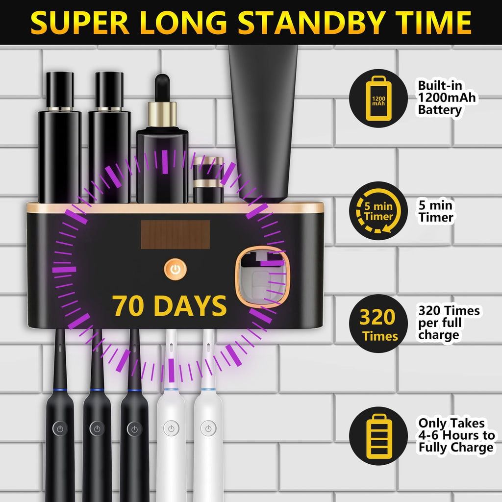 Toothbrush Holder with Toothpaste Dispenser - 5 Brush Slots, No Drill Installation, Solar/USB Charging, UV Sterilizer... - Image 3