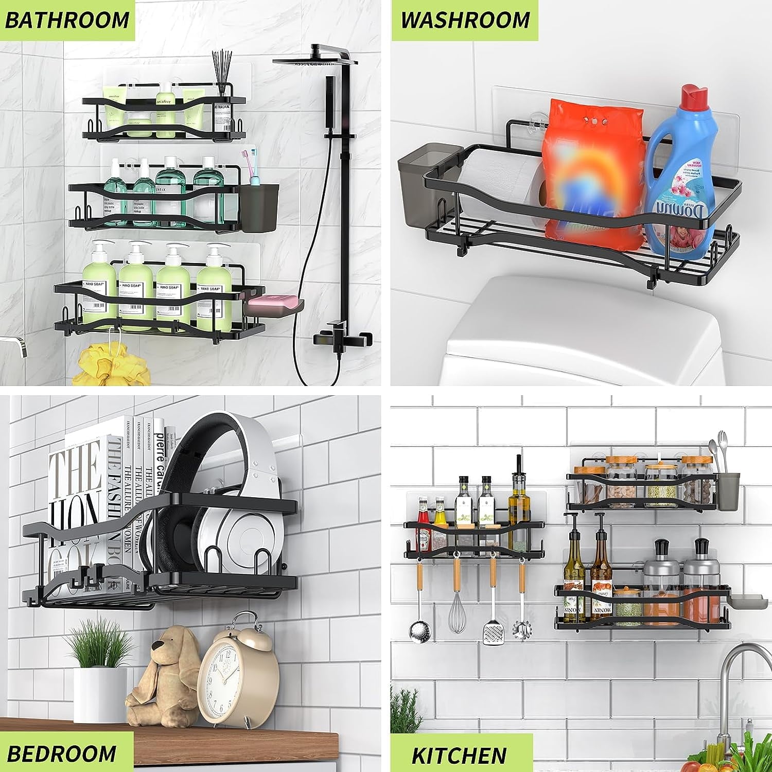 Bathroom Shower Caddy , 3 Pack Stainless Steel Adhesive Shelves with Hooks, Toothpaste & Soap Holder, No Drilling Rus... - Image 6