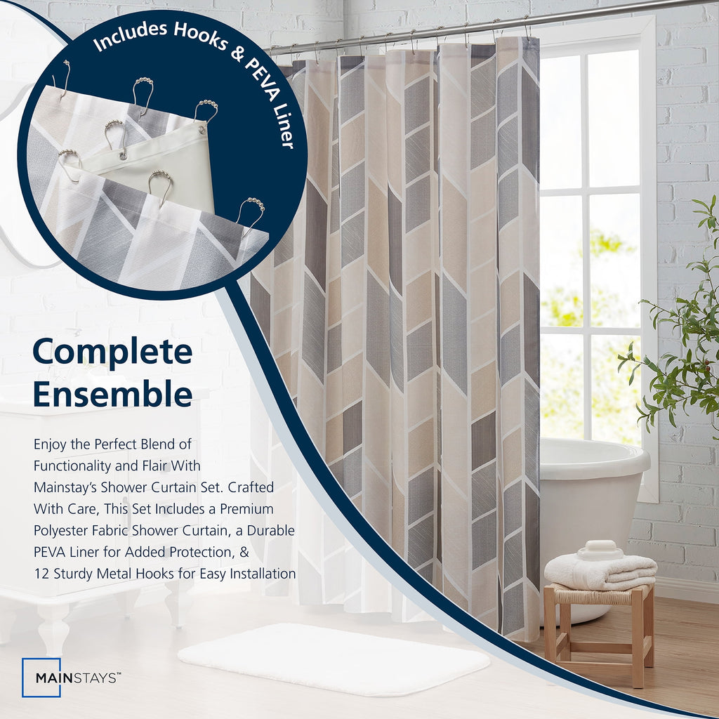 14 Piece Fabric Shower Curtain Set, Liner & Hooks, Natural Geometric 72" x 72" - Image 5