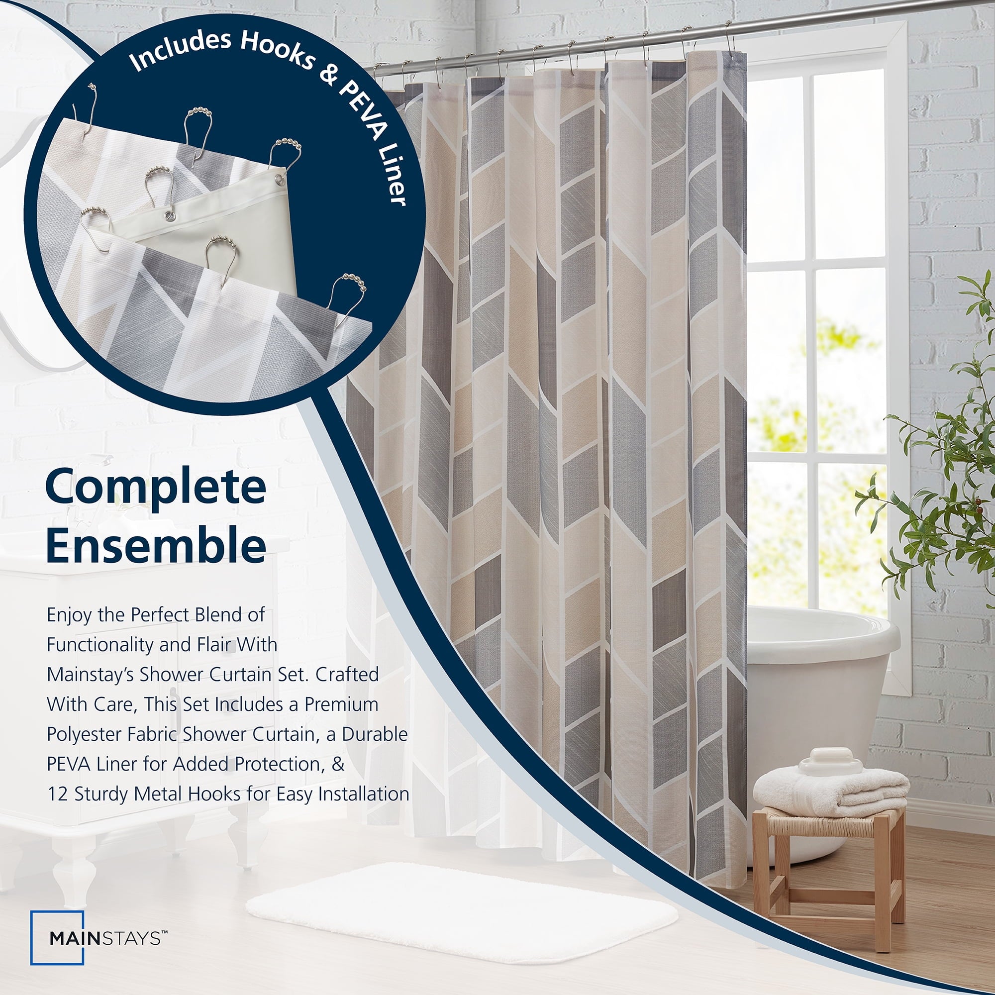 14 Piece Fabric Shower Curtain Set, Liner & Hooks, Natural Geometric 72" x 72" - Image 5