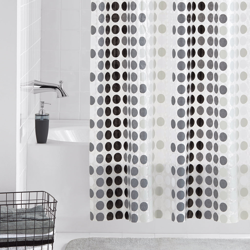 Mainstays Eco-friendly Waterproof Recycled PEVA Black & White Contemporary Polka Dots Shower Curtain Set and 12 Hooks, Black, White - Image 4