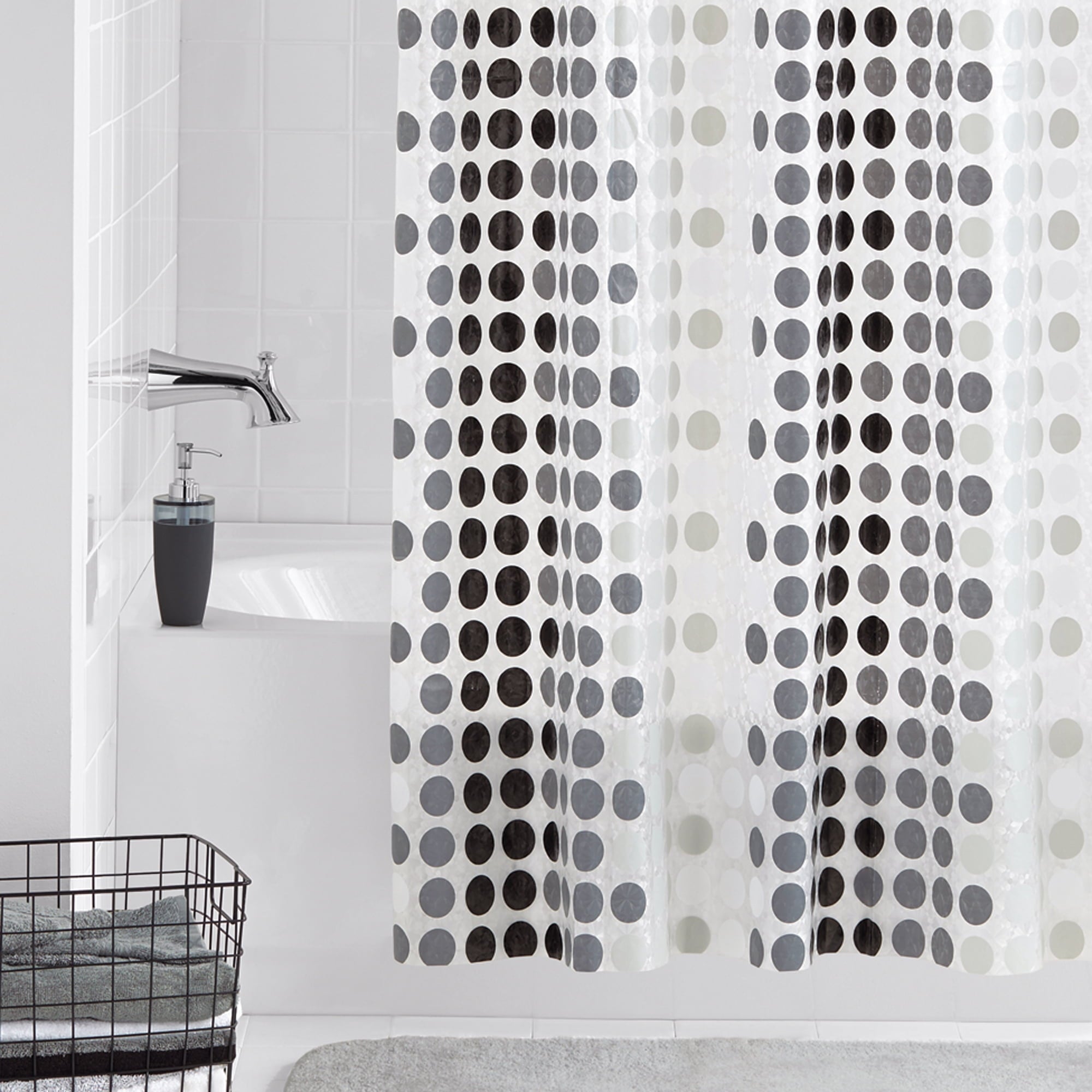Mainstays Eco-friendly Waterproof Recycled PEVA Black & White Contemporary Polka Dots Shower Curtain Set and 12 Hooks, Black, White - Image 4