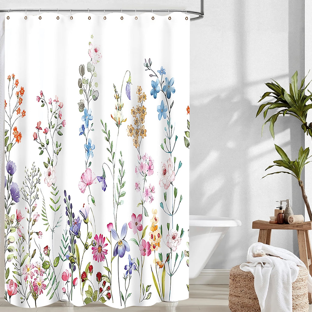 White Floral Fabric Shower Curtain, Watercolor Bathroom Curtain with Hooks, Pink, 72" x 72" - Image 5