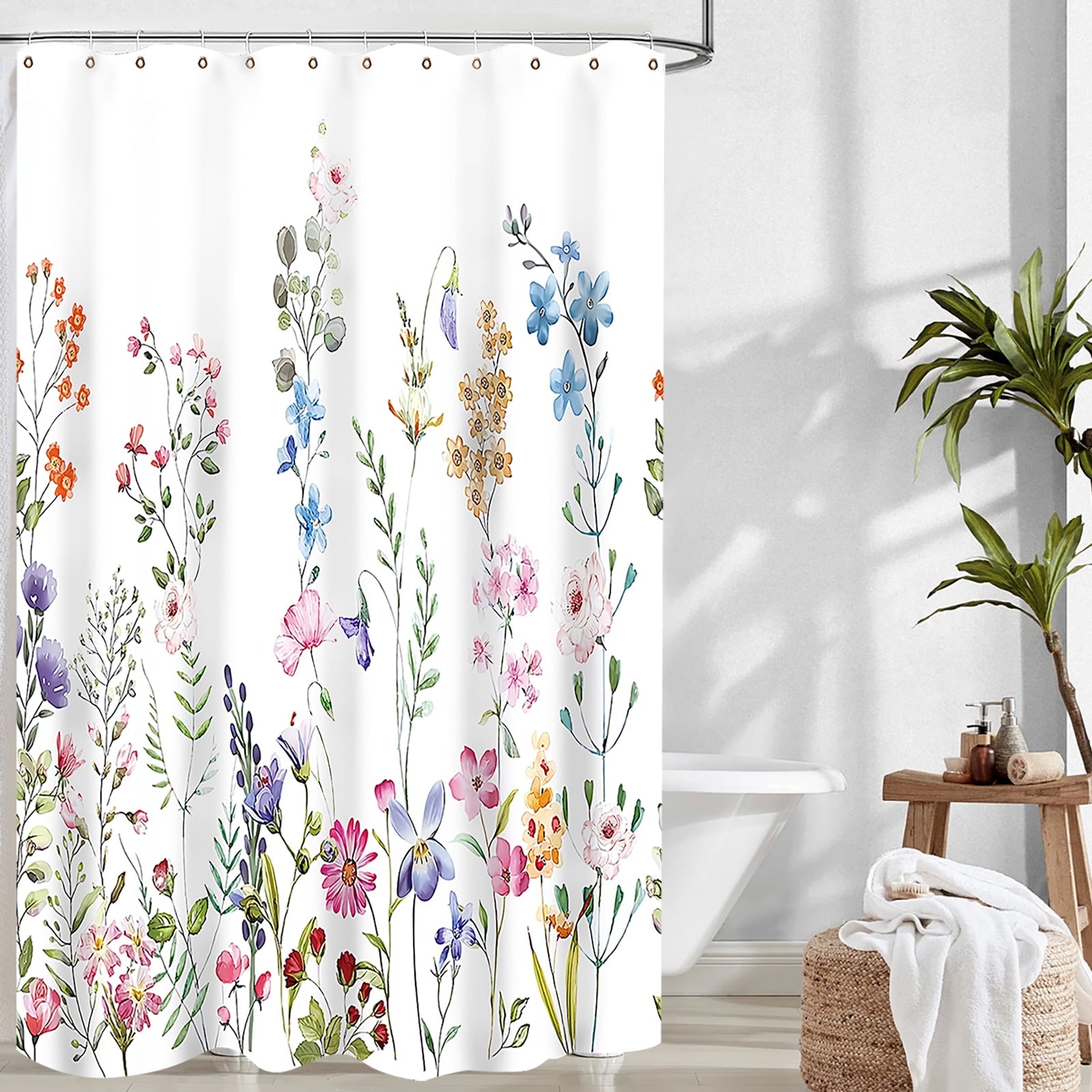 White Floral Fabric Shower Curtain, Watercolor Bathroom Curtain with Hooks, Pink, 72" x 72" - Image 5