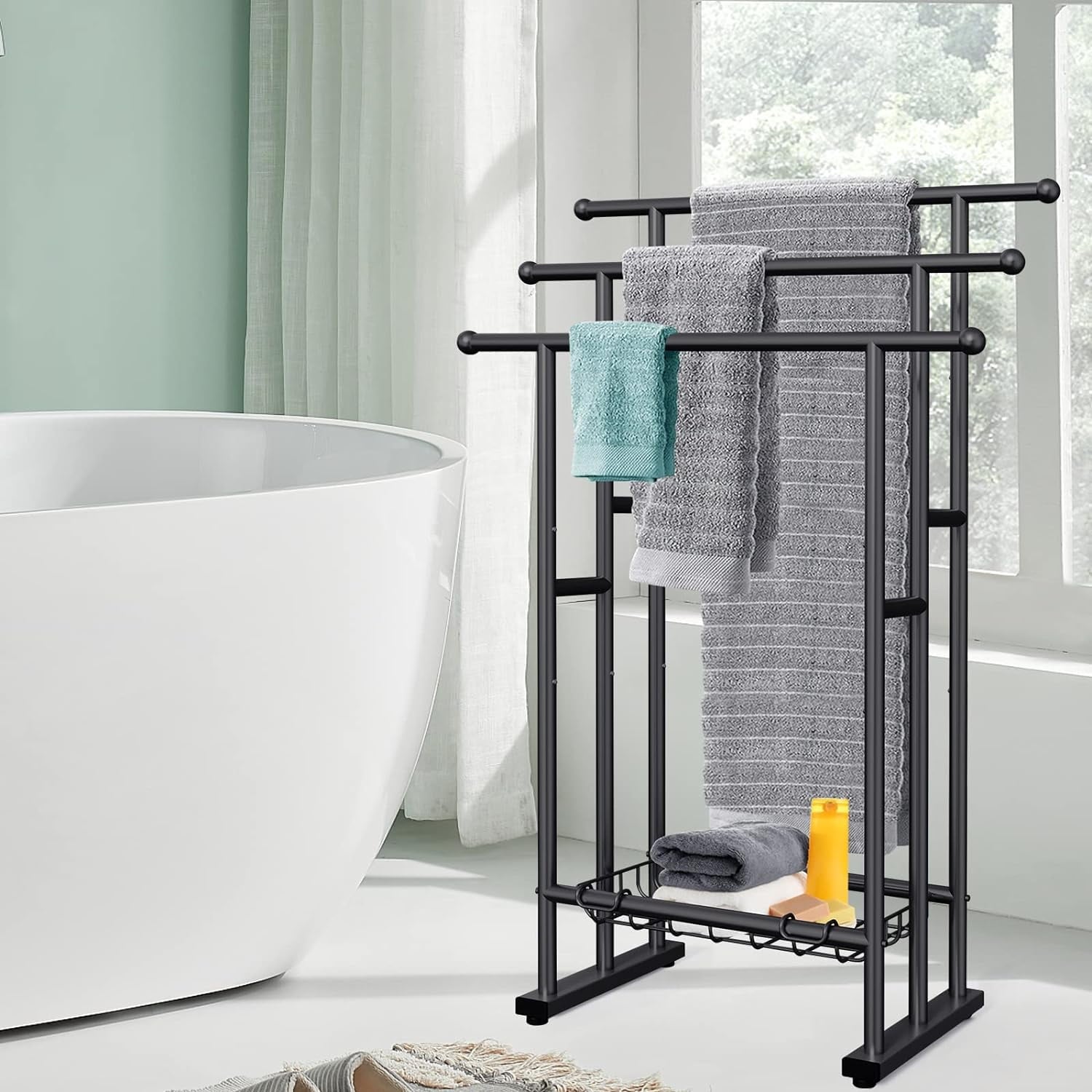 40" H Free Standing Towel Rack, 3 Tier Alloy Steel Towel Rack Stand with Basket - Image 6