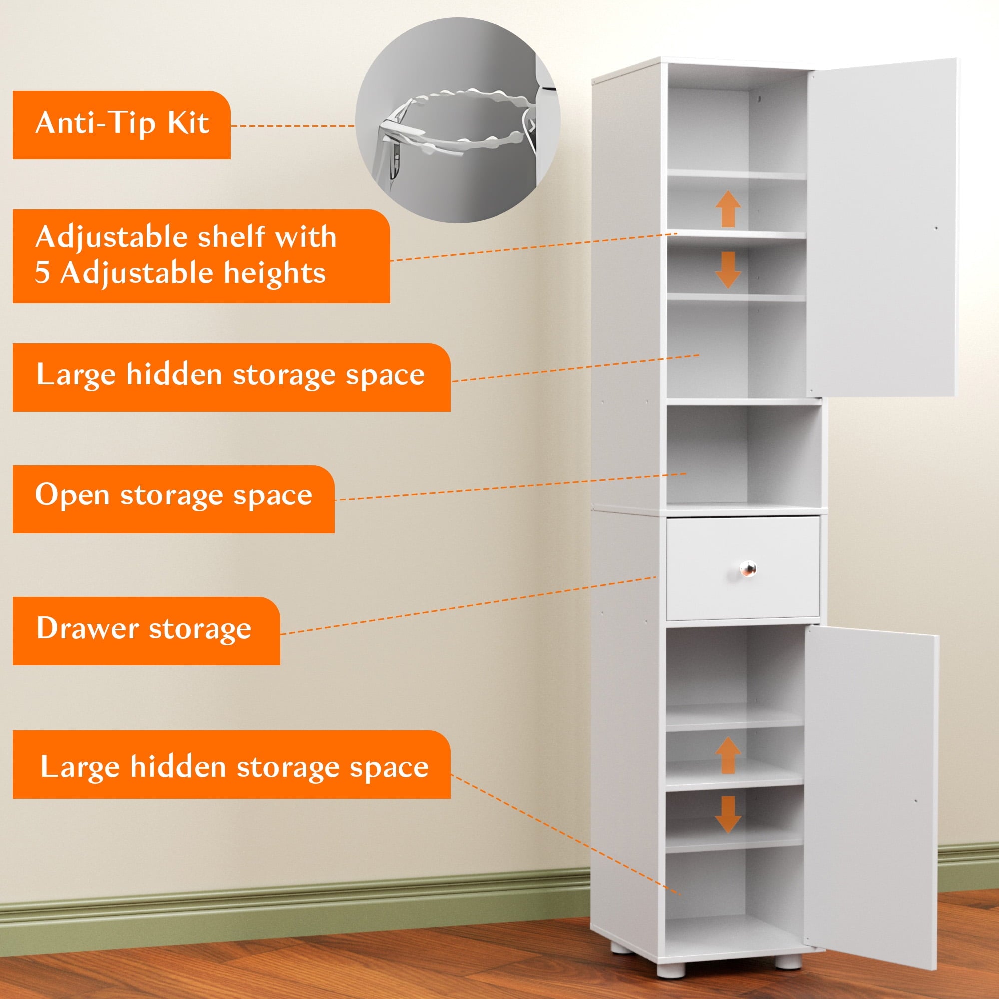 Bathroom Cabinet, Narrow Storage Cabinet Freestanding with 2 Doors & Shelves - Image 6