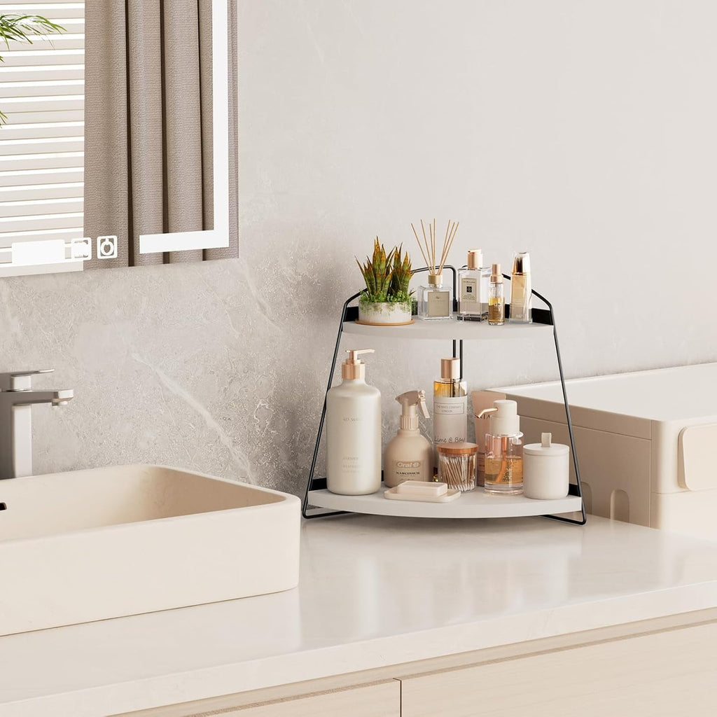 Puricon 2-Tier Wood Countertop Organizer Bathroom Sink Corner Shelf -White - Image 4