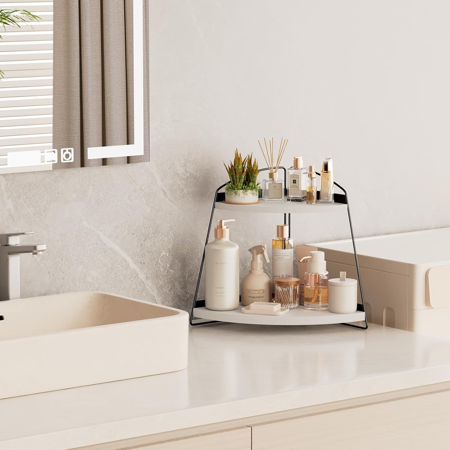 Puricon 2-Tier Wood Countertop Organizer Bathroom Sink Corner Shelf -White - Image 4