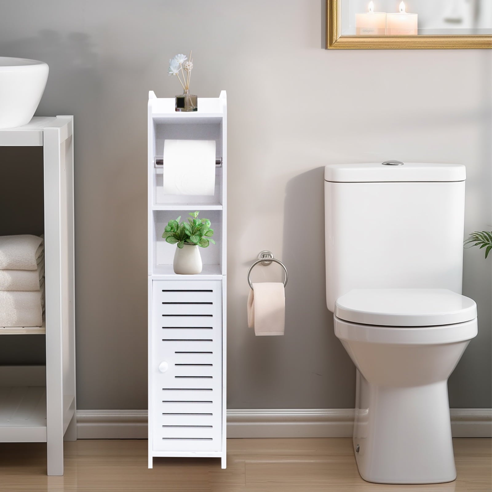 Bathroom Storage Cabinet with Doors and Shelves, Freestanding Toilet Paper Holders Stand Storage Cabinet Organizer Sh... - Image 6