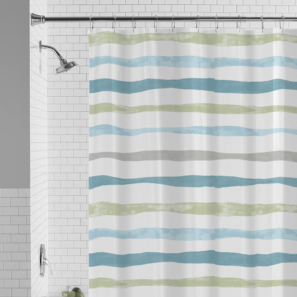 30% Recycled Watercolor Stripe Shower Curtain Set & Hooks, 13-Piece, Blue - Image 5