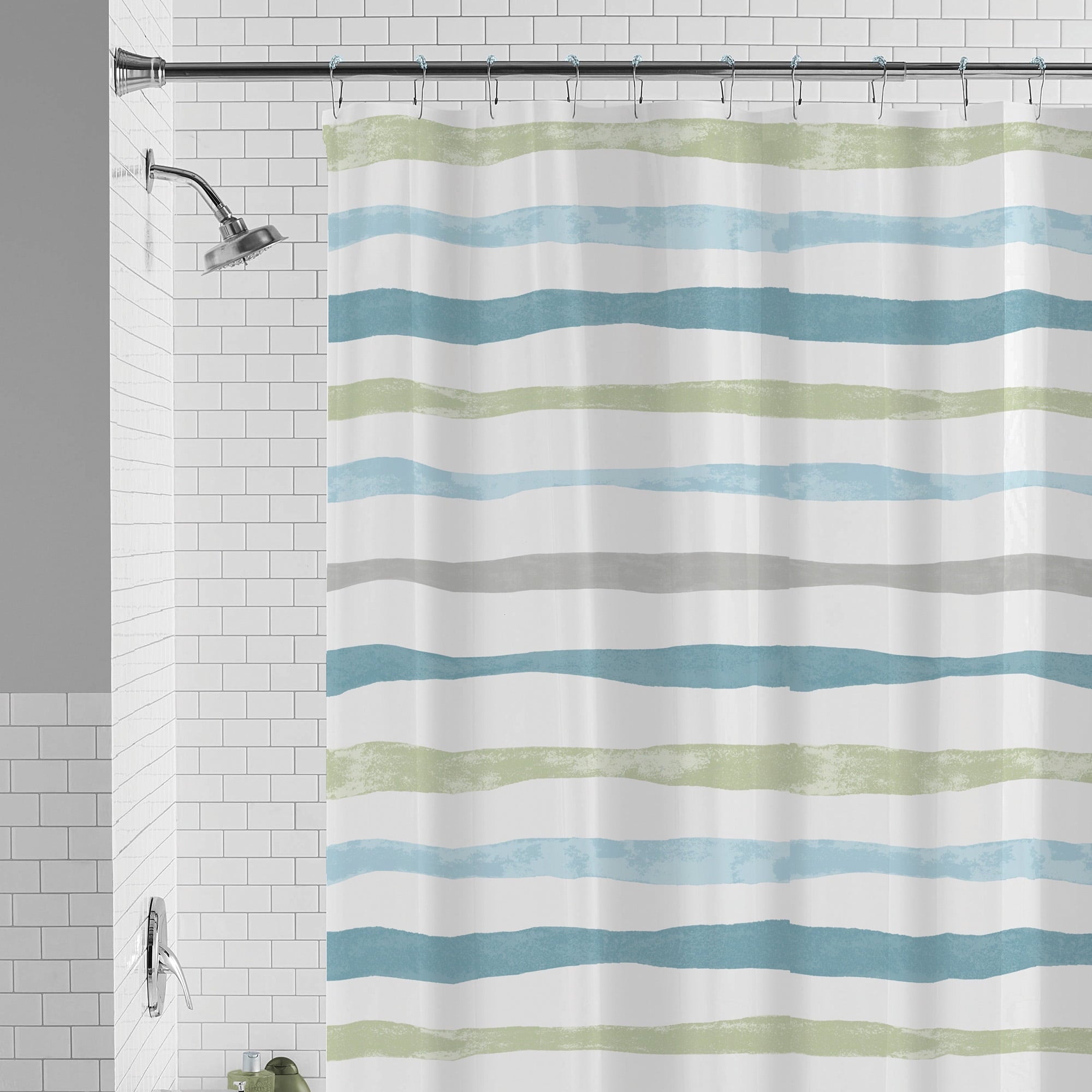 30% Recycled Watercolor Stripe Shower Curtain Set & Hooks, 13-Piece, Blue - Image 5