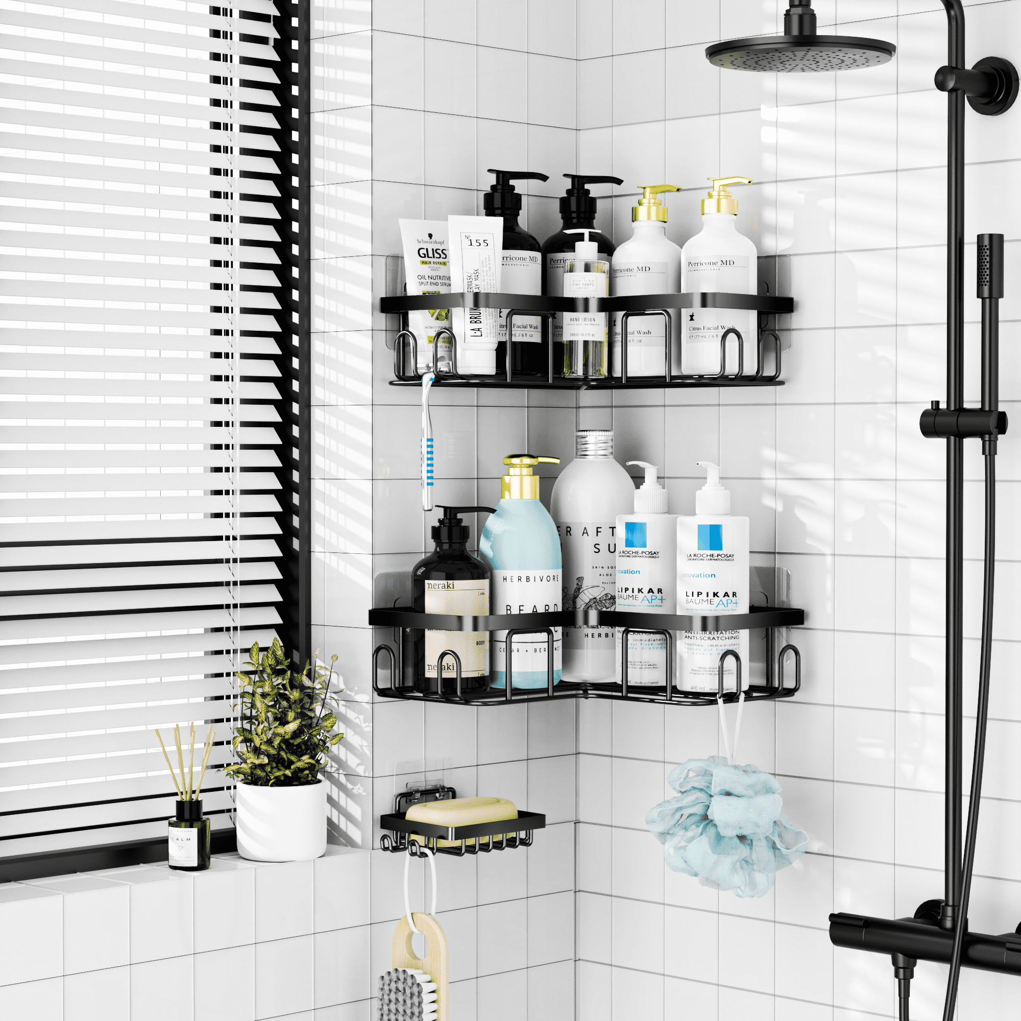 3 Pack Corner Shower Caddy,Adhesive Shower Caddy With Soap Holder And 20 Hooks, Rustproof Stainless Steel Shower Orga... - Image 2