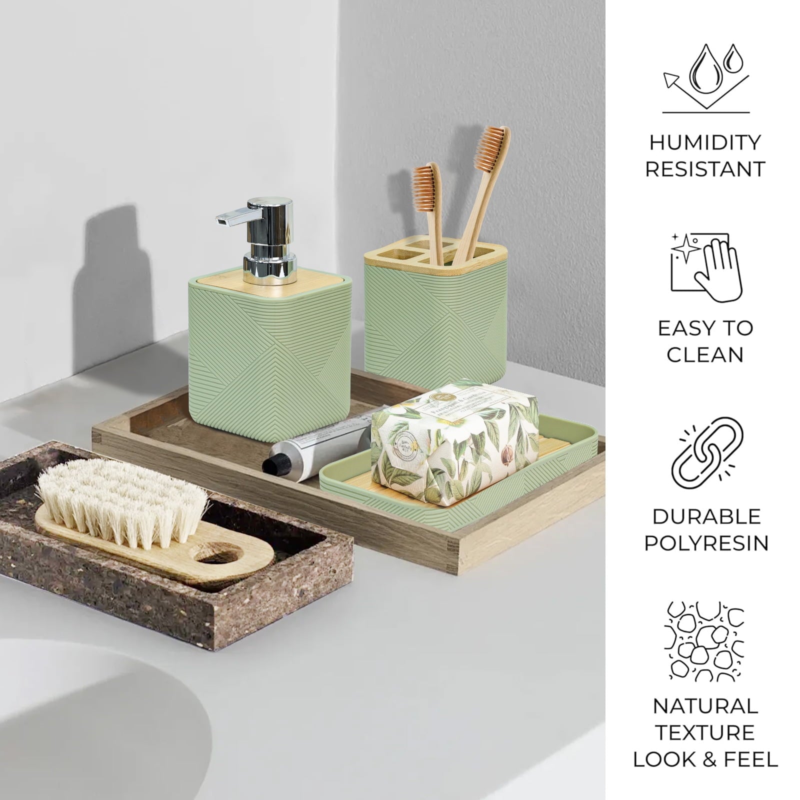 Bathroom Accessories Set 6 Piece Bamboo Bath Ensemble Includes Soap Dispenser, Toothbrush Holder, Toothbrush Cup, Soa... - Image 3