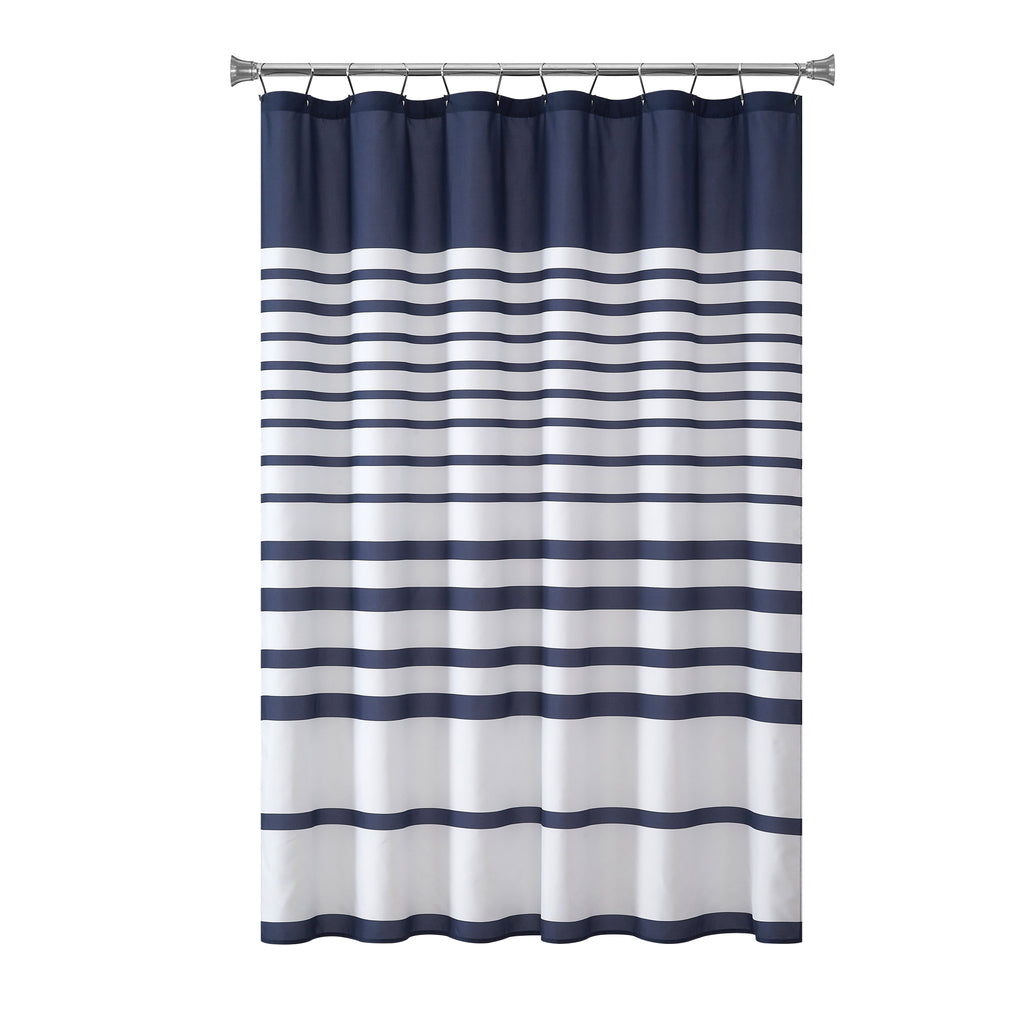 Mainstays 15-Piece Navy Stripe Shower Curtain Bathroom Set  Fabric Curtain with Hooks and Two Bath Rugs - Image 3