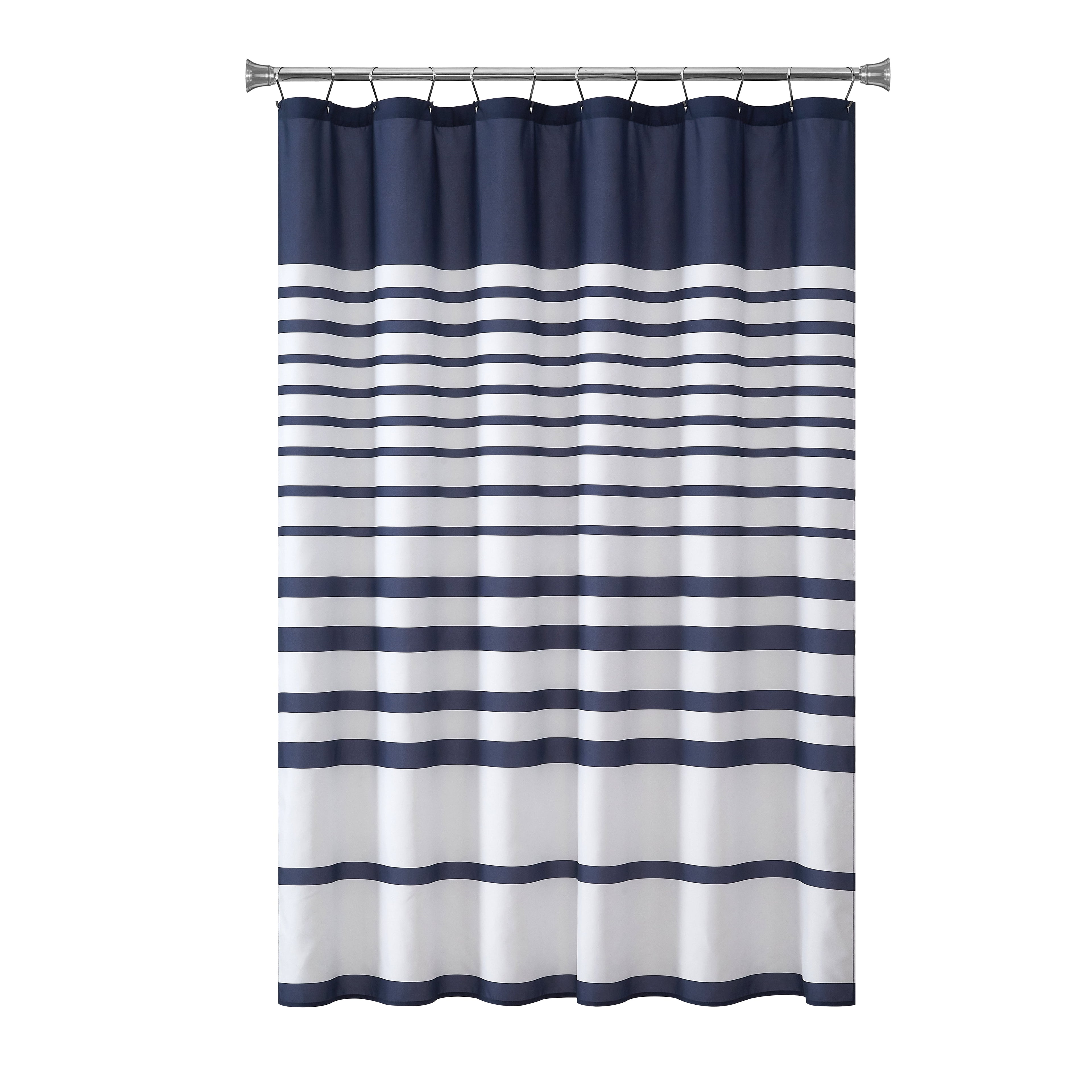 Mainstays 15-Piece Navy Stripe Shower Curtain Bathroom Set  Fabric Curtain with Hooks and Two Bath Rugs - Image 3