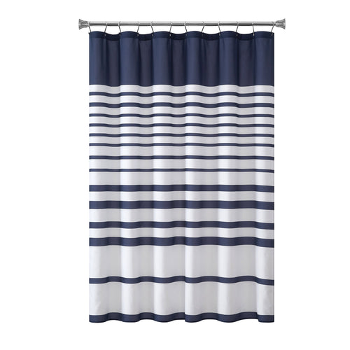 Mainstays 15-Piece Navy Stripe Shower Curtain Bathroom Set  Fabric Curtain with Hooks and Two Bath Rugs - Image 3