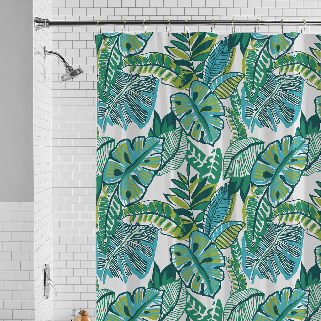 30% Recycled Tropical Palms Shower Curtain Set & Hooks, 13-Piece Green - Image 4