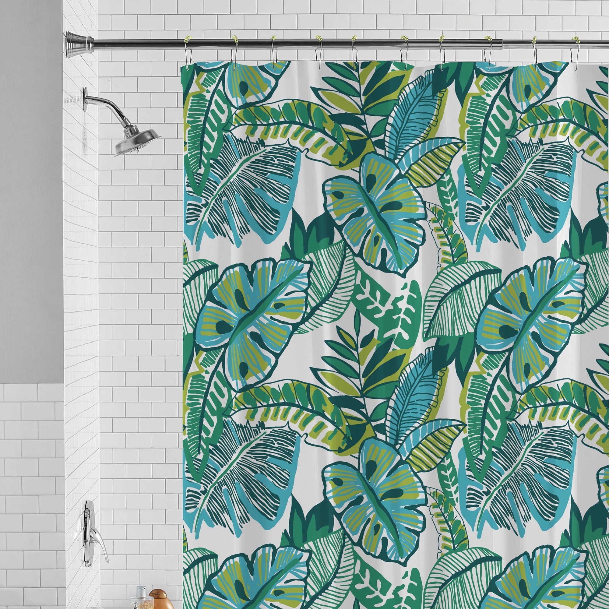 30% Recycled Tropical Palms Shower Curtain Set & Hooks, 13-Piece Green - Image 4