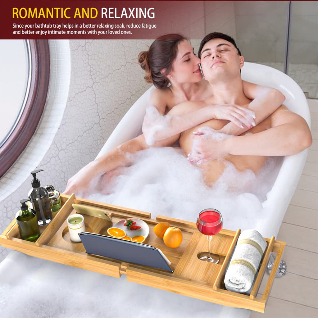 Bambloom Luxury Bathtub Tray,Bamboo Expandable Bath Tub Tray Table with Brush & Soap Holder,Natural - Image 3