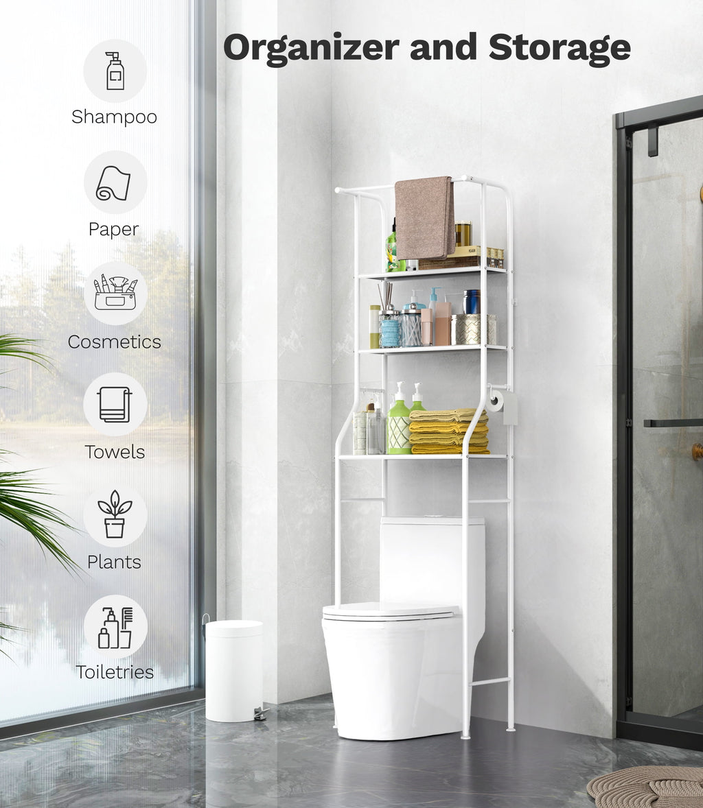 Riousery Over the Toilet Storage Rack, 3 Tier Bathroom Shelf with Hanging Rod, Freestanding Space Saver, White - Image 2