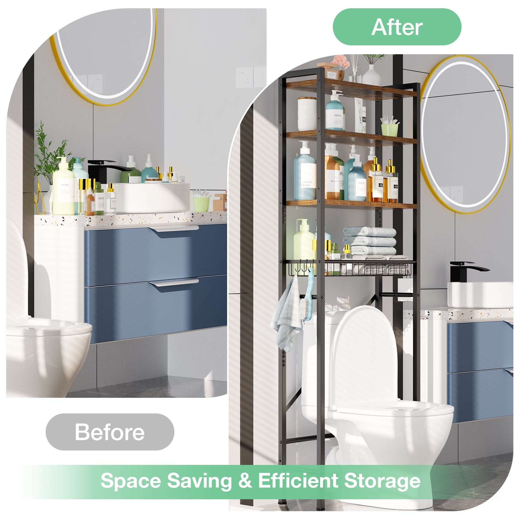 The Toilet Storage Shelf, 4-Tier Wooden Bathroom Organizer Adjustable Saver Space Rack with Toilet Paper Holder, Vint... - Image 2