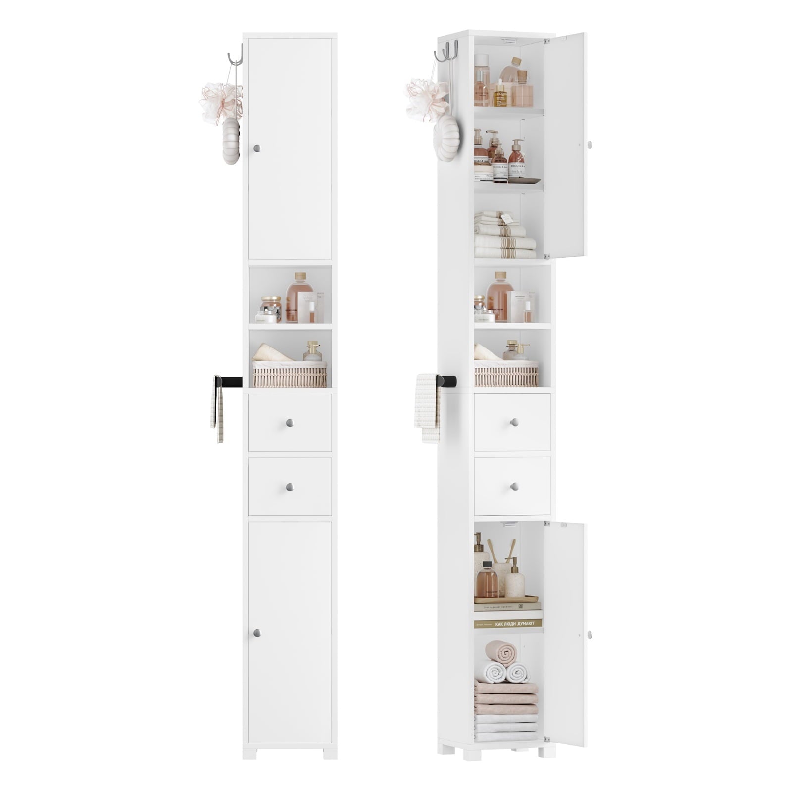 Homfa 71" Tall Bathroom Storage Cabinet with Adjustable Shelves, 2 Doors & Drawers Bathroom Storage Tower with Hooks & Paper Towel Holder, F - Image 6