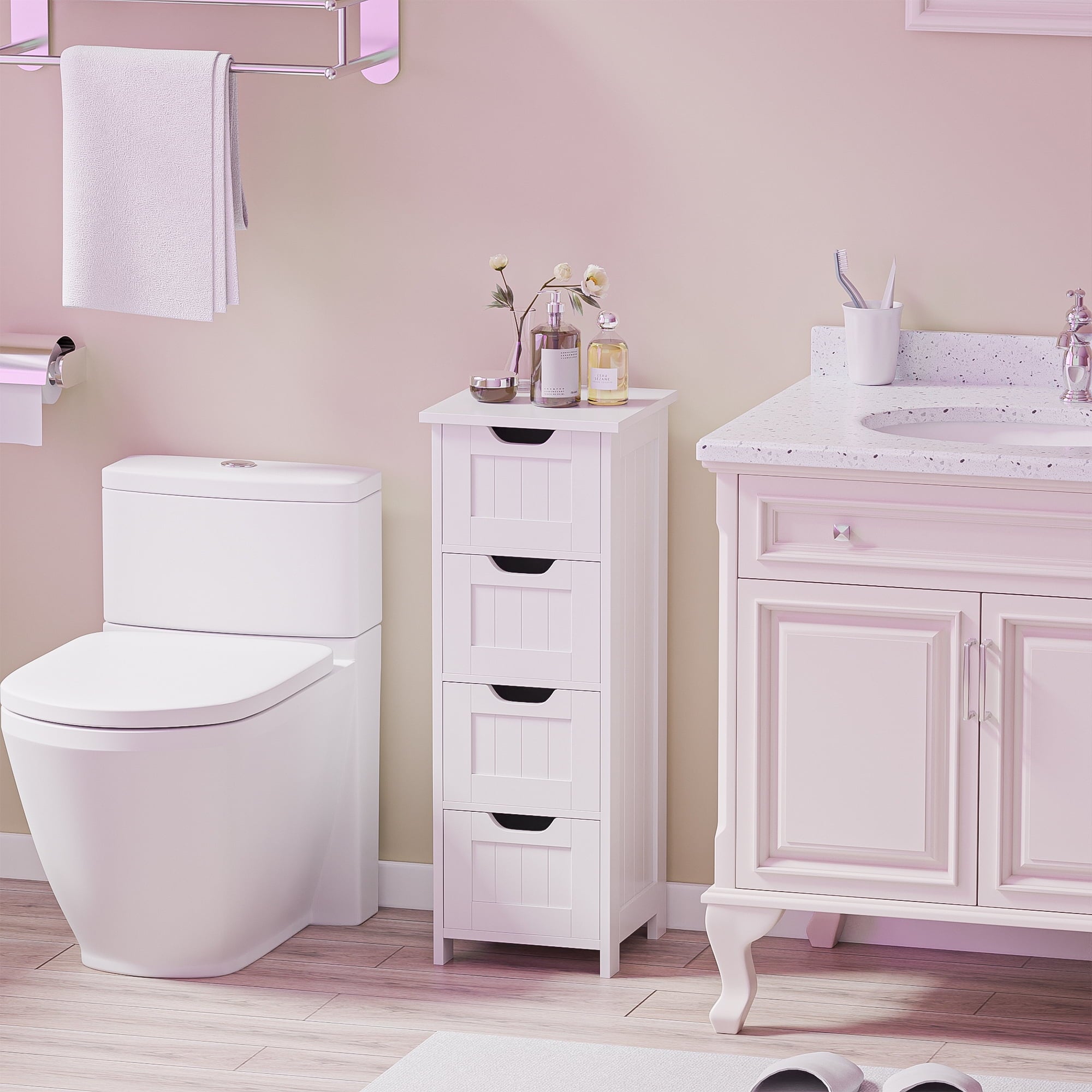 ZENY Bathroom Floor Cabinet Attractive Wooden Side Storage Organizer with 4 Drawers, White - Image 6