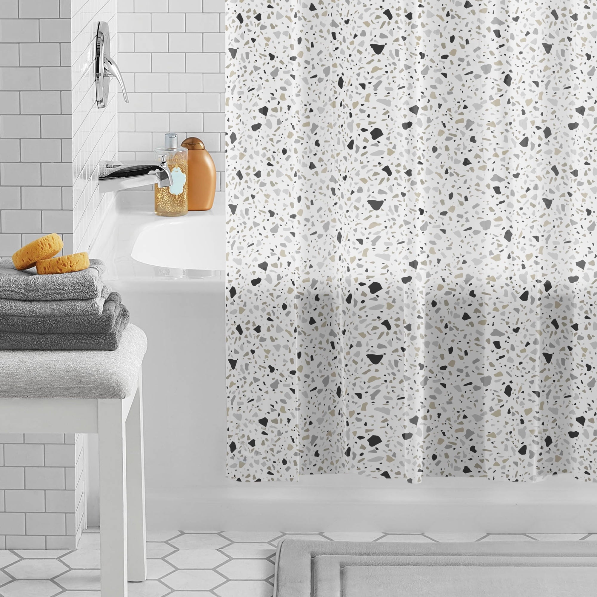 Waterproof Recycled Shower Curtain Set and Hooks, Black, White - Image 2