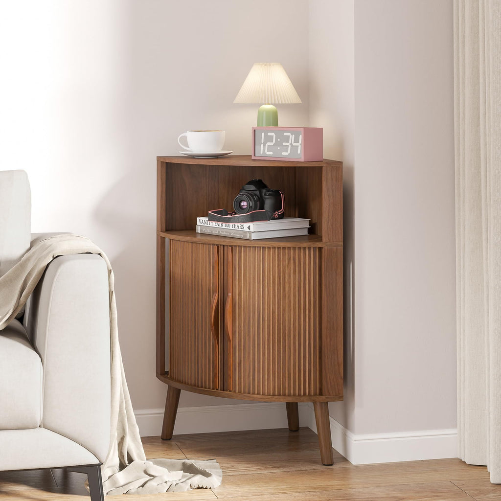 Bathroom Storage Cabinet, 31.5" Narrow Floor Corner Storage Cabinet with Fluted Doors & Shelves, Walnut - Image 6
