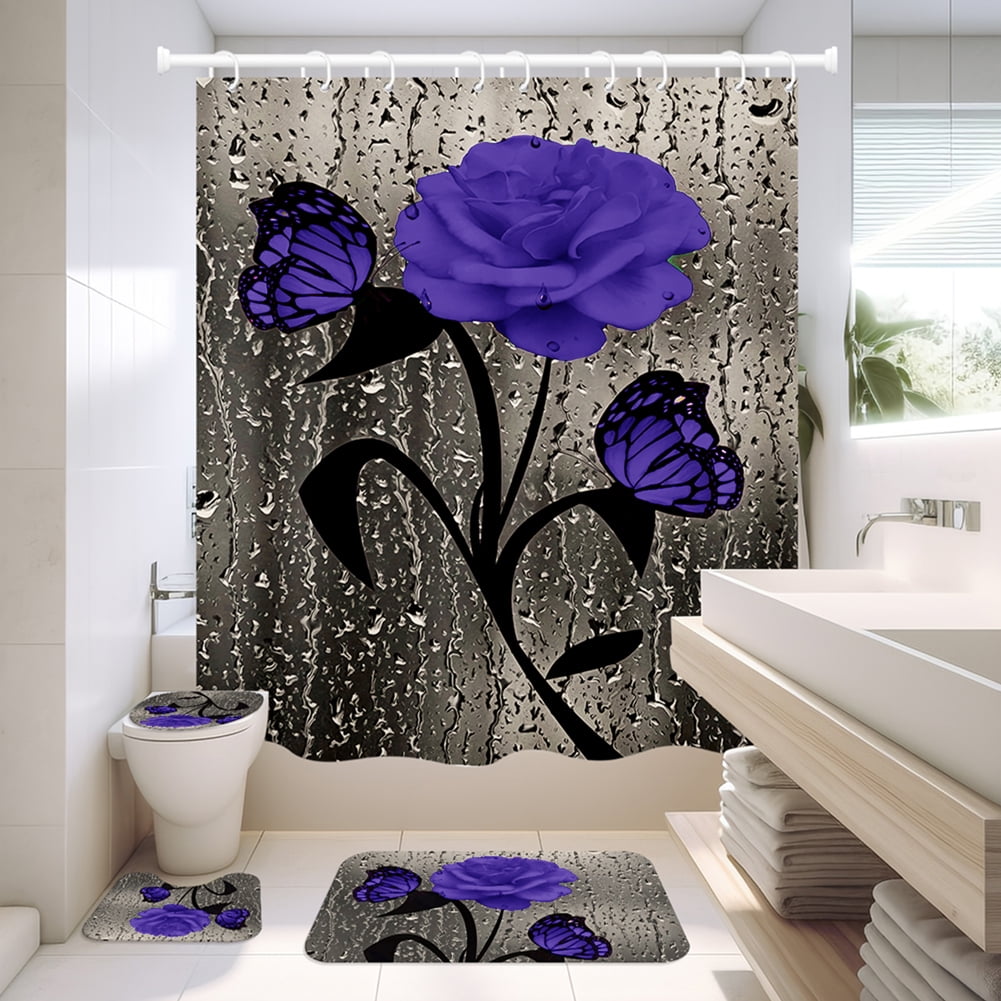 4 Pcs Bathroom Shower Curtain Set Blue Rose Shower Curtain Bathroom Sets Valentine's Day Shower Curtain Sets with Rugs(Bath Mat,U Shape and - Image 6