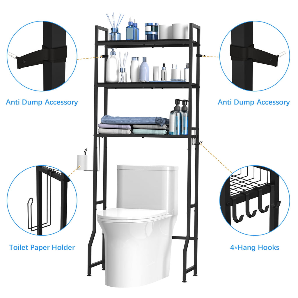 3-Tier Storage Cabinet, Black Freestanding Bathroom Organizer with 4 Hooks for Restroom and Laundry Room - Image 4