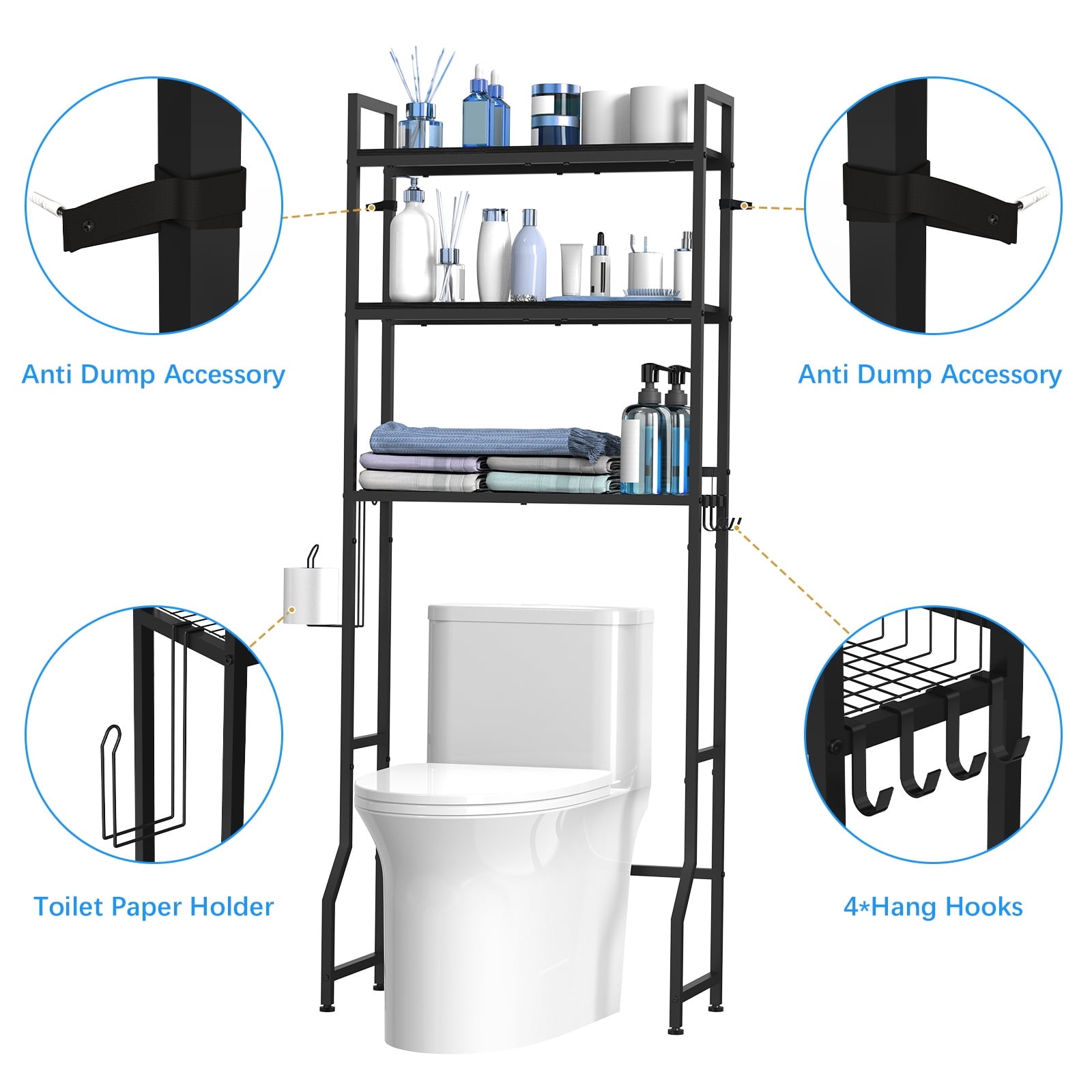 3-Tier Storage Cabinet, Black Freestanding Bathroom Organizer with 4 Hooks for Restroom and Laundry Room - Image 4