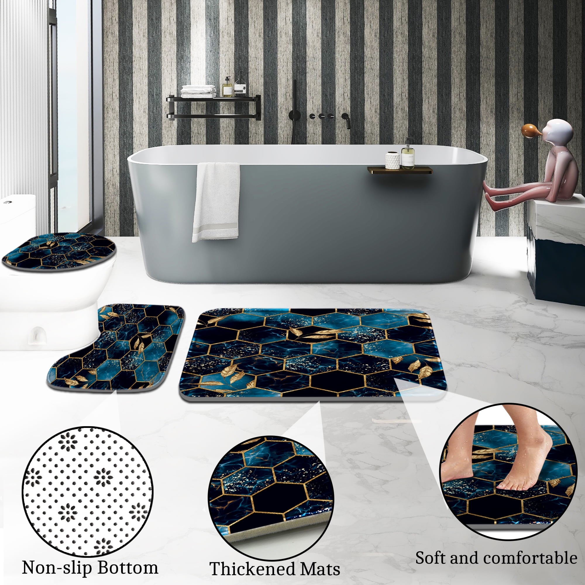 4Pcs Bathroom Sets with Shower Curtain and Rugs, Shower Curtain Set with Non-Slip Rugs,Toilet Lid Cover,Bath Mat and ... - Image 4