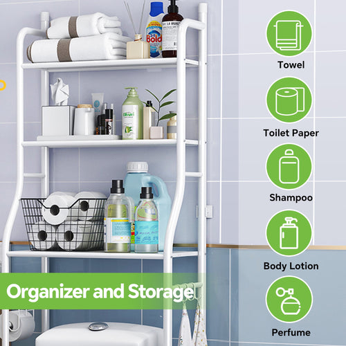 the Toilet Storage, 3-Tier Bathroom Organizer with Paper Holder & 3 Hooks, Sturdy & Stable Freestanding Space Saver T... - Image 2