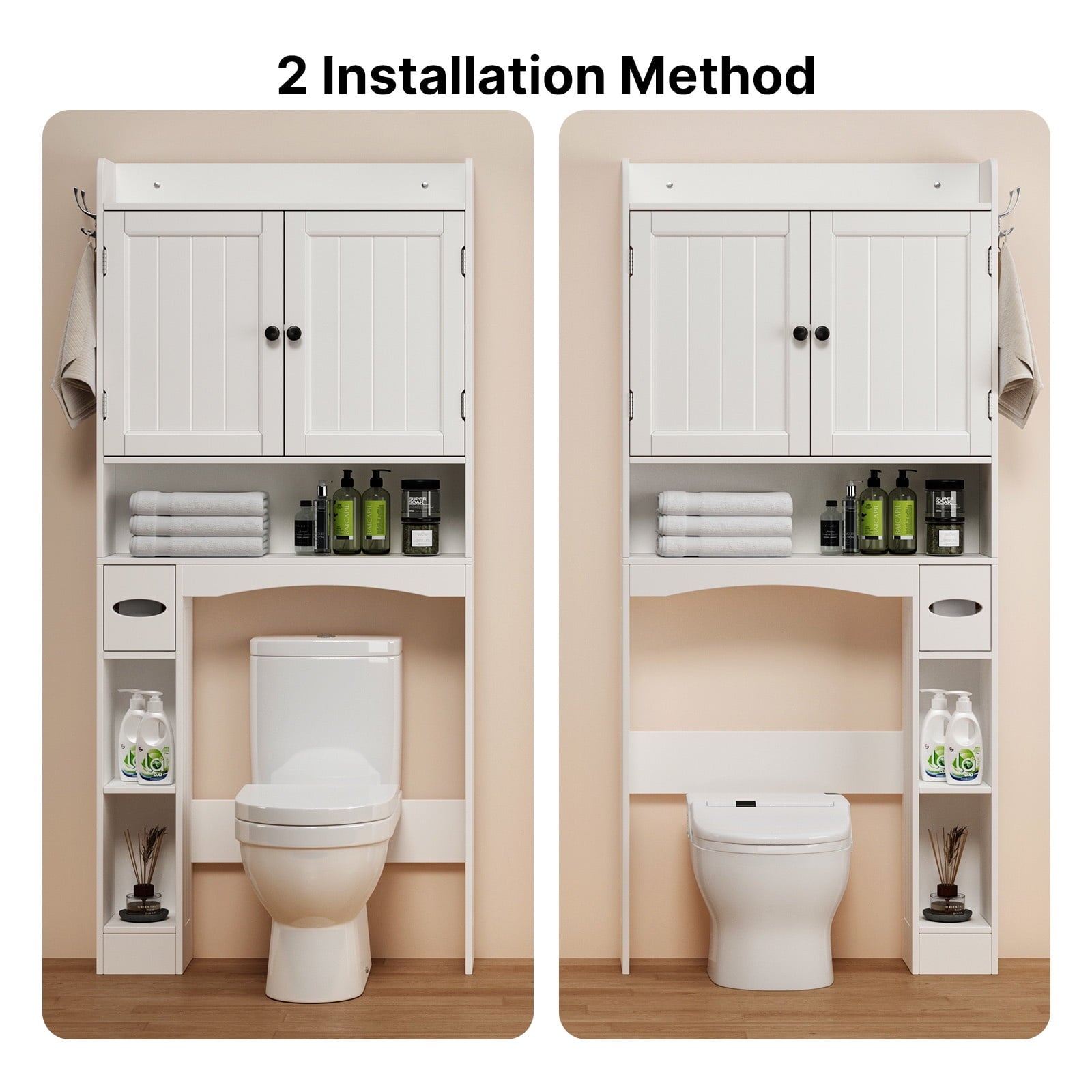 Noelse  Over the Toilet Storage Cabinet, Over Toilet Bathroom Organizer with 2 Doors, Adjustable Shelves, Toilet Paper Holder, 2 Side Hooks, - Image 4