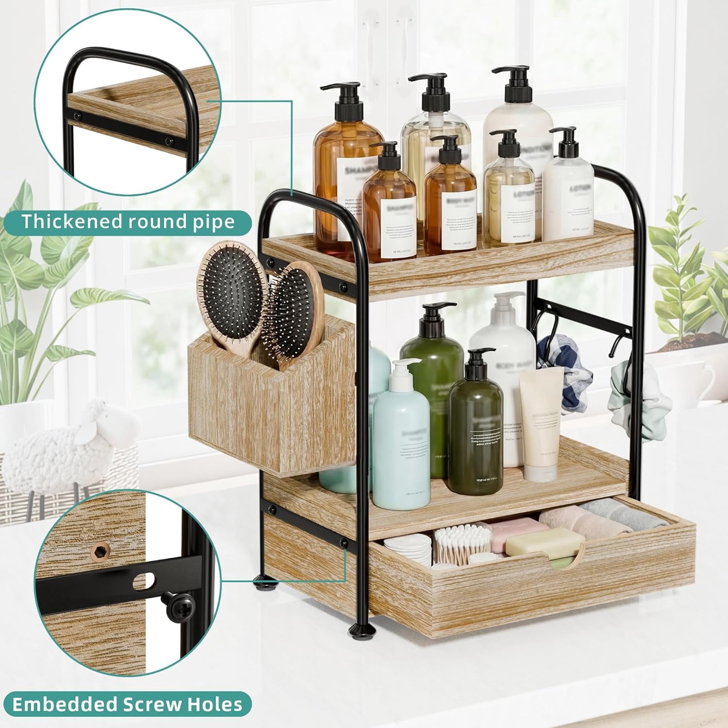 2 Tier Bathroom Counter Organizer with Drawer, Wooden Vanity Skincare Storage Shelf with Thickened Iron Frame, Countertop Shelves with Baske - Image 4