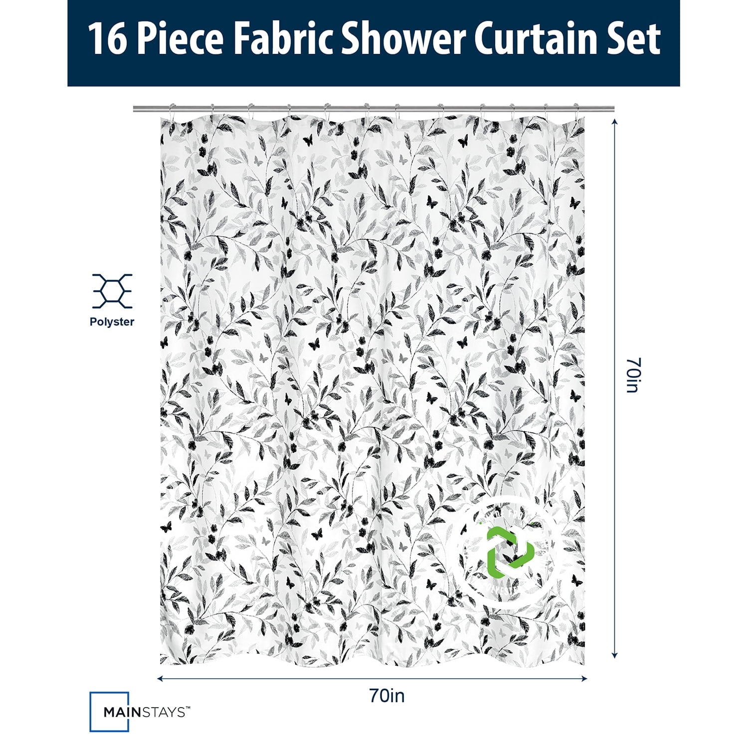Mainstays 16-Piece Black and White Botanical Shower Curtain Bathroom Set  Fabric Curtain with Rug, Hooks, Soap Dispenser & Tray - Image 5